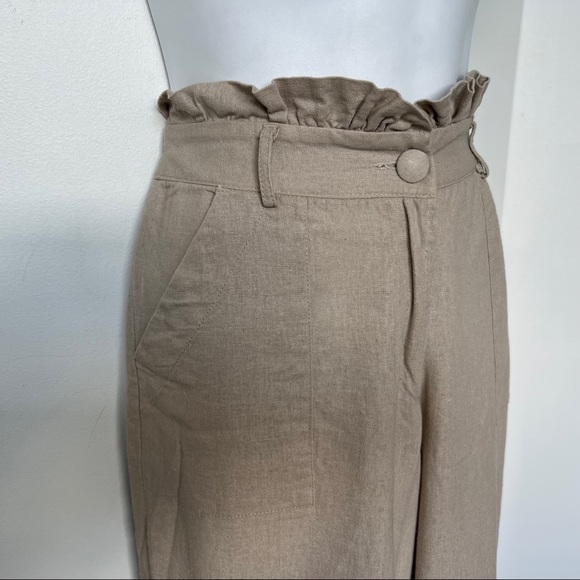 Mirage Pants Linen Blend Paper Bag Waist Wide Leg Beige Pockets - Picture 3 of 8